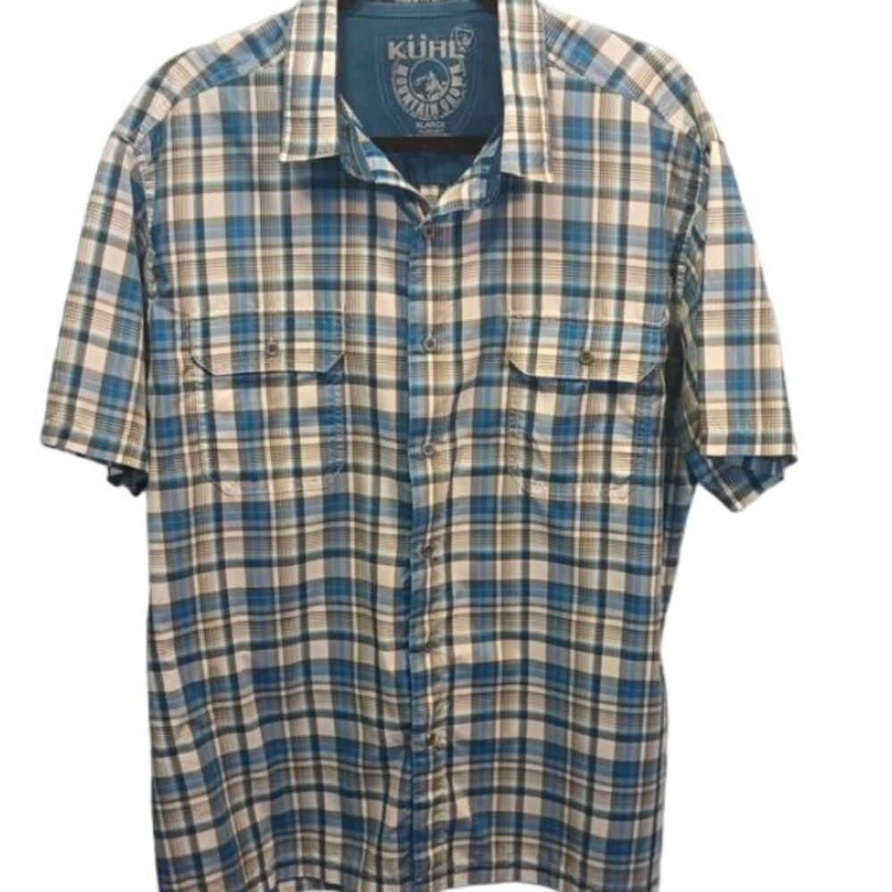 Kuhl Blue Plaid Eluxur XLarge Short Sleeve Button Down Shirt